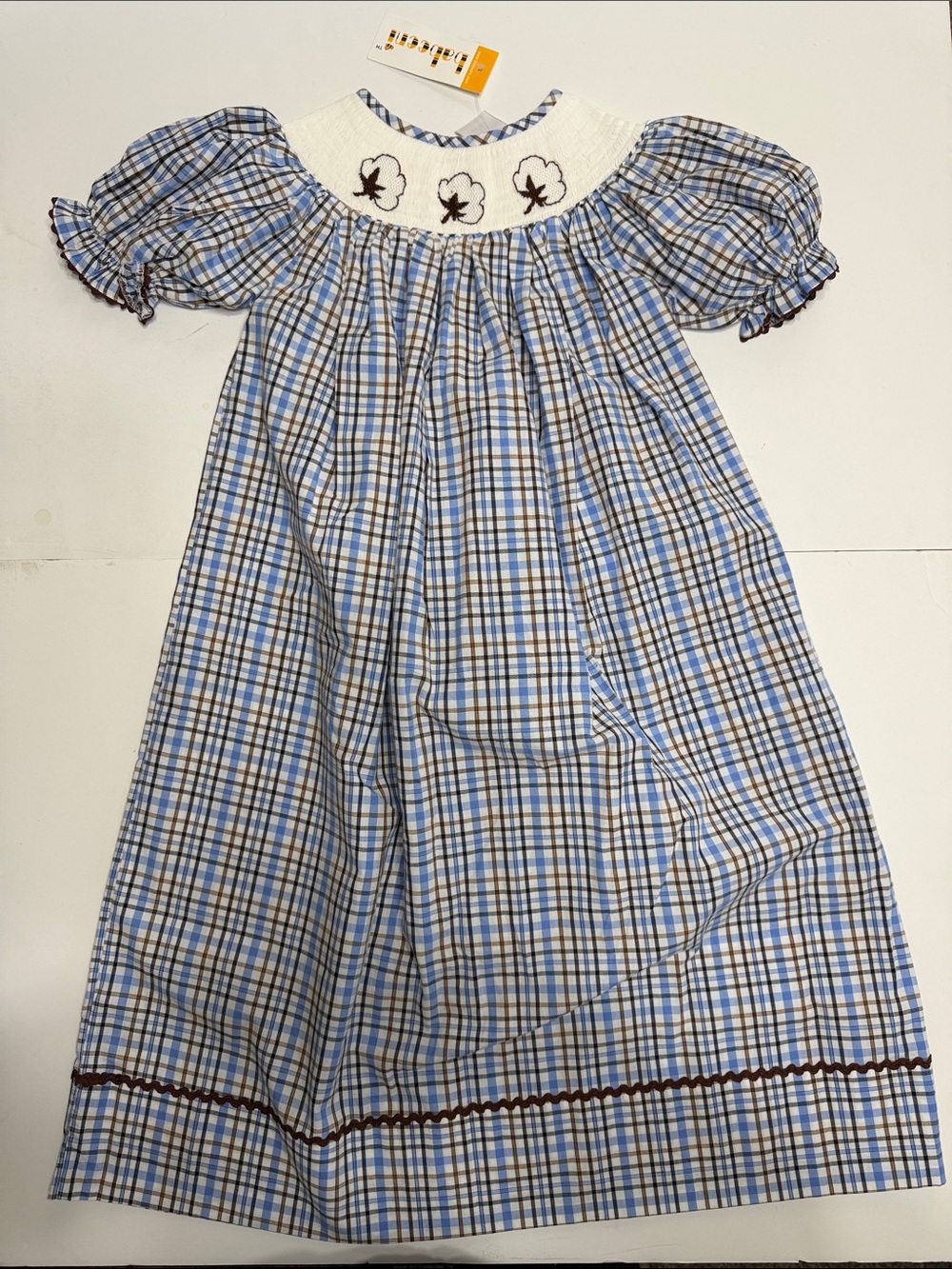 Babeeni Cotton Blue & Brown Plaid Smocked Dress with Puff Sleeves